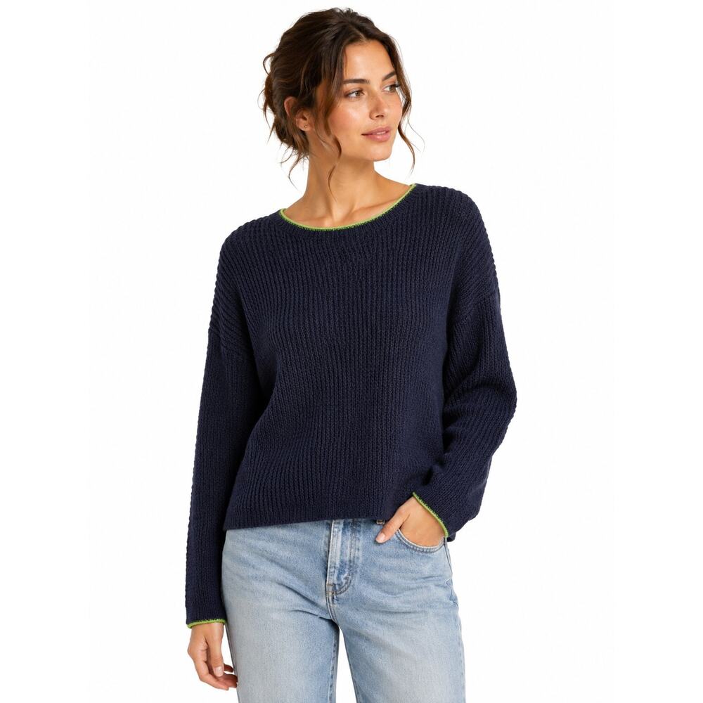Vince Navy Textured Knit Sweater Green Trim Crew Neck Medium Minimalist Luxury